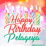 Bright birthday candles with rainbow flames on a cake, alongside the text 'Happy Birthday Pelageya' in vibrant script in this celebratory animated GIF.