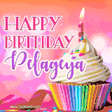 A vibrant birthday GIF featuring a rainbow-colored cupcake topped with white frosting, sprinkles, and a lit candle. The text reads 'Happy Birthday Pelageya' in bold pink and violet letters with white outline.