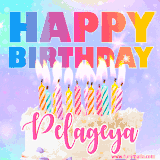 A vibrant animated name GIF with the words 'Happy Birthday Pelageya' with colorful candles on a creamy cake. The background sparkles with pastel shades, adding a festive touch.