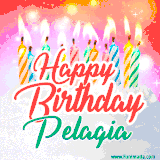 Bright birthday candles with rainbow flames on a cake, alongside the text 'Happy Birthday Pelagia' in vibrant script in this celebratory animated GIF.