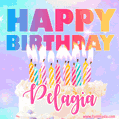 Animated Happy Birthday Cake with Name Pelagia and Burning Candles
