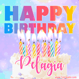 A vibrant animated name GIF with the words 'Happy Birthday Pelagia' with colorful candles on a creamy cake. The background sparkles with pastel shades, adding a festive touch.