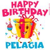 A vibrant and funny gift box character with a happy face dancing with a cupcake and the text 'Happy Birthday Pelagia,' surrounded by animated confetti and party vibes.