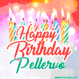 Bright birthday candles with rainbow flames on a cake, alongside the text 'Happy Birthday Pellervo' in vibrant script in this celebratory animated GIF.