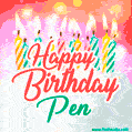 Happy Birthday GIF for Pen with Birthday Cake and Lit Candles