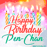 Bright birthday candles with rainbow flames on a cake, alongside the text 'Happy Birthday Pen-Chan' in vibrant script in this celebratory animated GIF.