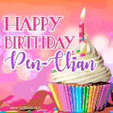 A vibrant birthday GIF featuring a rainbow-colored cupcake topped with white frosting, sprinkles, and a lit candle. The text reads 'Happy Birthday Pen-Chan' in bold pink and violet letters with white outline.