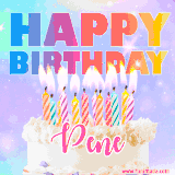 A vibrant animated name GIF with the words 'Happy Birthday Pene' with colorful candles on a creamy cake. The background sparkles with pastel shades, adding a festive touch.