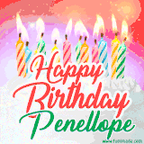 Bright birthday candles with rainbow flames on a cake, alongside the text 'Happy Birthday Penellope' in vibrant script in this celebratory animated GIF.