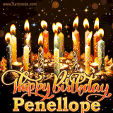 A glowing personalized birthday GIF with name Penellope featuring lit candles with intricate designs, warm lighting, and the text 'Happy Birthday' in an elegant font.