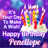 A colorful birthday GIF for Penellope featuring a cupcake with vibrant lit candles and the text 'It's Your Day to Make a Wish! Happy Birthday Penellope' in bold letters on a festive purple background.