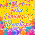 A bright and festive GIF with the text 'Feliz Cumpleaños Penellope' in Spanish in colorful fonts, surrounded by confetti, balloons, and festive banners on a vibrant yellow background.