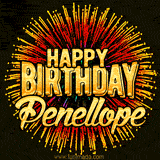 Golden 'Happy Birthday Penellope' text accompanied by animated rainbow fireworks for a festive animated greeting.
