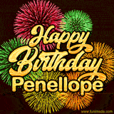 Golden text reading 'Happy Birthday Penellope' surrounded by vibrant fireworks in red, green, and yellow, set against a dark background in this celebratory birthday GIF.