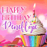 A vibrant birthday GIF featuring a rainbow-colored cupcake topped with white frosting, sprinkles, and a lit candle. The text reads 'Happy Birthday Penellope' in bold pink and violet letters with white outline.