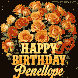 Animated bouquet of orange roses with moving butterfles and golden 'Happy Birthday Penellope' text, surrounded by sparkling accents and a dark backdrop for a luxurious feel.