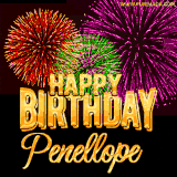 A golden 'Happy Birthday Penellope' message with vibrant fireworks in the background, creating a festive and celebratory vibe in this animated name GIF.