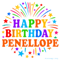 Happy Birthday Penellope' GIF with rainbow-colored letters, colorful stars, and fireworks on white background.