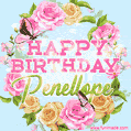 A charming animated GIF featuring 'Happy Birthday Penellope' in pink and green text, surrounded by delicate roses, leaves, and fluttering butterflies on a soft light blue pastel background.