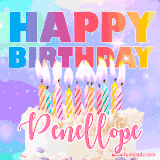 A vibrant animated name GIF with the words 'Happy Birthday Penellope' with colorful candles on a creamy cake. The background sparkles with pastel shades, adding a festive touch.