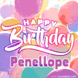 A vibrant name GIF featuring colorful balloons in shades of pink, orange, and yellow with the bold text 'Happy Birthday Penellope' in festive fonts, creating a lively birthday vibe.