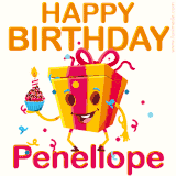 A vibrant and funny gift box character with a happy face dancing with a cupcake and the text 'Happy Birthday Penellope,' surrounded by animated confetti and party vibes.