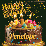 A delightful chocolate birthday cake with bright candles and 'Happy Birthday Penelope' written in gold amidst a shower of animated stars.