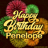 Golden text reading 'Happy Birthday Penelope' surrounded by vibrant fireworks in red, green, and yellow, set against a dark background in this celebratory birthday GIF.