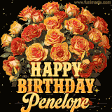 Animated bouquet of orange roses with moving butterfles and golden 'Happy Birthday Penelope' text, surrounded by sparkling accents and a dark backdrop for a luxurious feel.