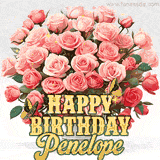 Golden 'Happy Birthday Penelope' text beneath a vibrant bouquet of orange roses, complete with glittering butterflies and sparkling details.