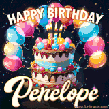 Bright birthday animation for Penelope with a chocolate cake, candles, balloons, and glowing celebratory lights.