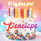 A cheerful white birthday cake with multicolor sprinkles, lit candles, and 'Penelope' written in vibrant letters, in an animated GIF.
