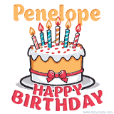 Cartoon birthday cake with a red bow, glowing candles, and 'Penelope Happy Birthday' text in bold animated style.