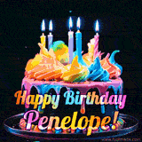 A mesmerizing animated cake with multicolor frosting and candles, and the words 'Happy Birthday Penelope' on the black background.