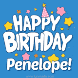 Colorful animated birthday card with the text 'HAPPY BIRTHDAY Penelope!' in a white playful font surrounded by stars, hearts, and a party hat on a blue background.