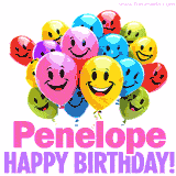 Animated colorful and joyful birthday balloons with cheerful smiles and a bright 'Happy Birthday Penelope!' message in pink and purple.