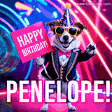 Animated GIF of a cool dog wearing a suit and sunglasses, holding a 'Happy Birthday' sign for Penelope, set against a bright and colorful neon party background.
