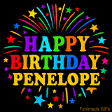 Personalized greeting card with name, colorful text that says 'Happy Birthday Penelope' surrounded by animated fireworks and multicolor stars