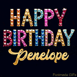 Vibrant luxury birthday greeting card for Penelope, showing glittering gemstone letters and golden calligraphy on a dark background with twinkling shine effects.
