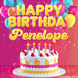 Pink-themed animated greeting with balloons, confetti, and a frosted cake under the message 'Happy Birthday Penelope' in bold rounded yellow font.