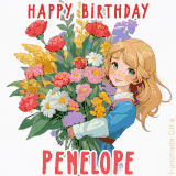 Bright floral birthday animation for Penelope showing a cute cartoon girl with golden hair and expressive eyes holding a huge bouquet, surrounded by birthday text.