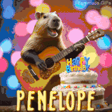 Animated birthday GIF showing a capybara playing guitar and singing beside a birthday cake with the name Penelope in large letters and colorful bokeh lights in the background.