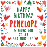 A colorful animated card for Penelope’s birthday featuring playful hearts, cheerful flowers, and a handwritten message wishing smiles and sunshine.