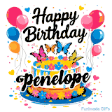 An animated birthday card for Penelope. It features a festive cake with her name, 'Penelope', and colorful butterflies. Floating balloons and hearts complete the joyful scene.