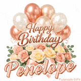 Floral Happy Birthday Penelope GIF featuring blooming roses and floating balloons