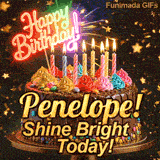 Happy Birthday Penelope animated image showcasing a decorated chocolate cake on a gold stand with a glowing neon sign.