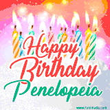 Bright birthday candles with rainbow flames on a cake, alongside the text 'Happy Birthday Penelopeia' in vibrant script in this celebratory animated GIF.