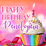 A vibrant birthday GIF featuring a rainbow-colored cupcake topped with white frosting, sprinkles, and a lit candle. The text reads 'Happy Birthday Penelopeia' in bold pink and violet letters with white outline.
