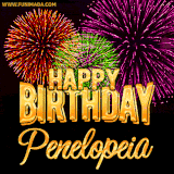 A golden 'Happy Birthday Penelopeia' message with vibrant fireworks in the background, creating a festive and celebratory vibe in this animated name GIF.
