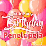 A vibrant name GIF featuring colorful balloons in shades of pink, orange, and yellow with the bold text 'Happy Birthday Penelopeia' in festive fonts, creating a lively birthday vibe.
